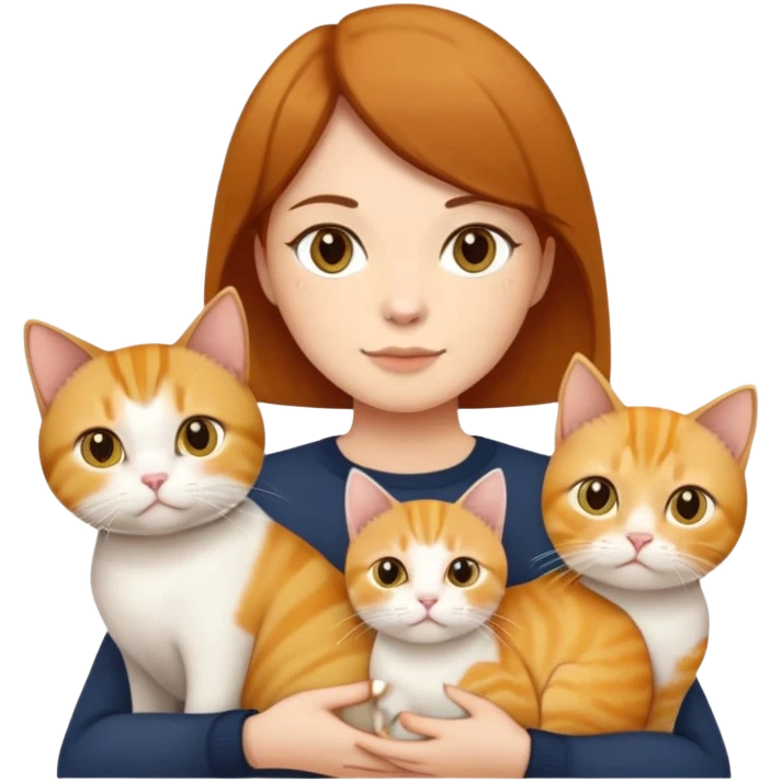Straight short hair ear length in dark brown , skin tone honey . holding 3 cats - 1 ginger cat , 1yellow white cat , 1 British short hair in cream color cat which are all  same size  emoji