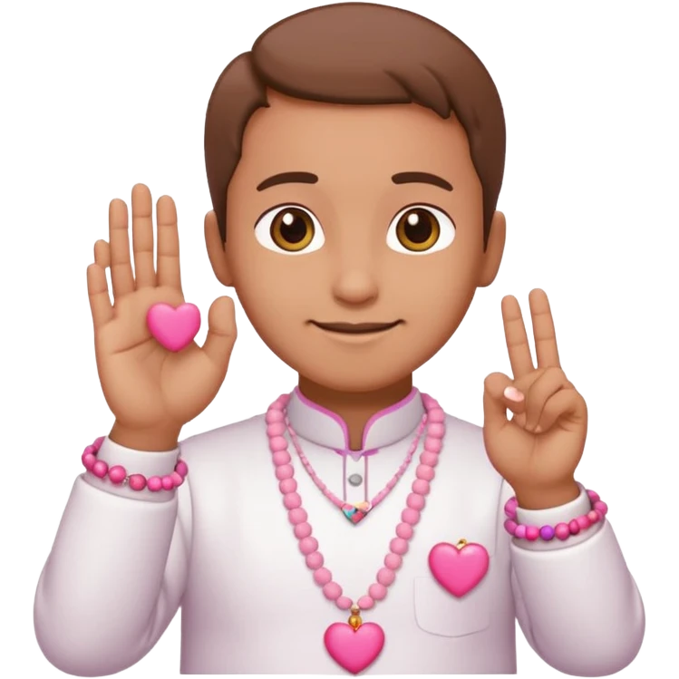 cheerful uncle wearing white takke, pink skirt, holding prayer beads, making heart sign with fingers, saying 'uwu', emoji style emoji