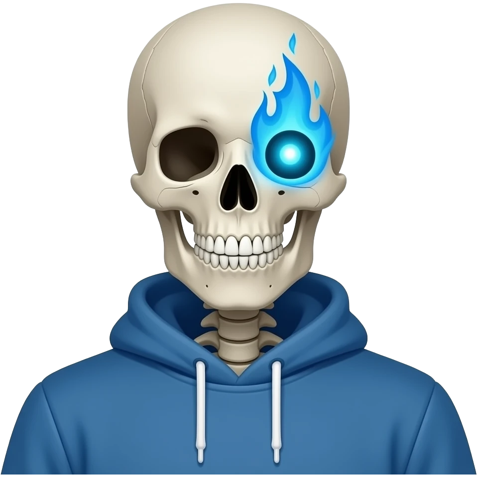 sans the skeleton hes a skeleton and has a blue sweatshirt place a light blue dot in the middle of that eye and make the dot glow and have a blue flame coming out the top right corner of the blue dot emoji