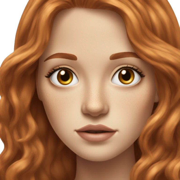 white youfg woman central heterochromia eyes small noe redhead long hair layers freckles brown lipstikck realistick emoji