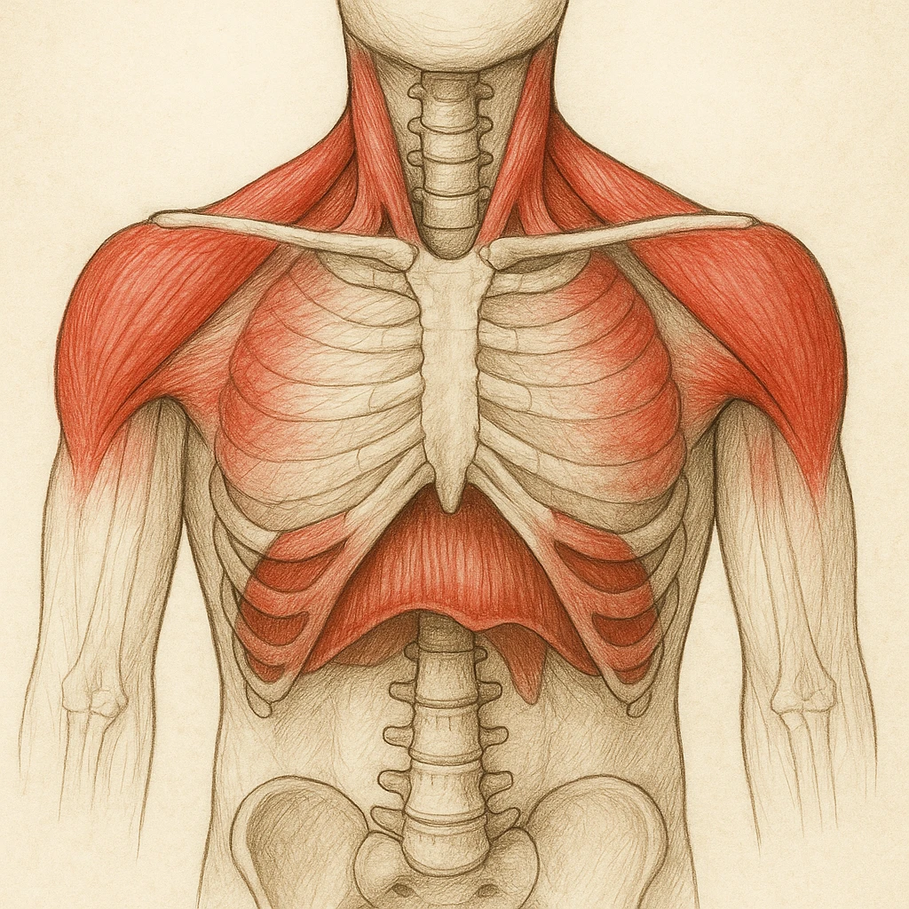 illustrazione anatomica realistica del diaframma bloccato con muscoli del collo e scapole evidenziati in rosso per il sovraccarico, didascalia in italiano emoji