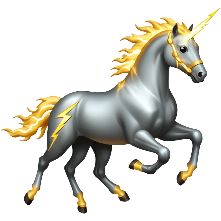Fast electric horse galloping with electricity flowing through metal plates, sparking wires, and lightning bolts coming off its body emoji