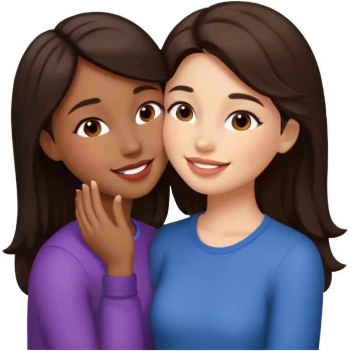A girl kisses her friend The girls' hair color is dark brown.  emoji