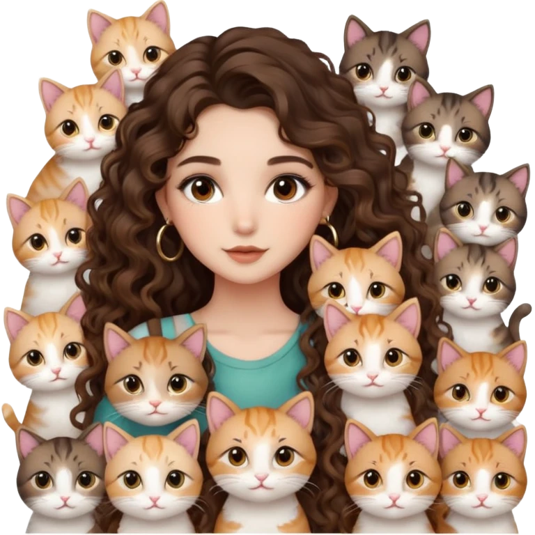 cute girl long brunette balayage curly/wavy not voluminous hair, brown eyes, hoop earrings, natural pretty clean makeup: surrounded by lots and lots of kitties emoji