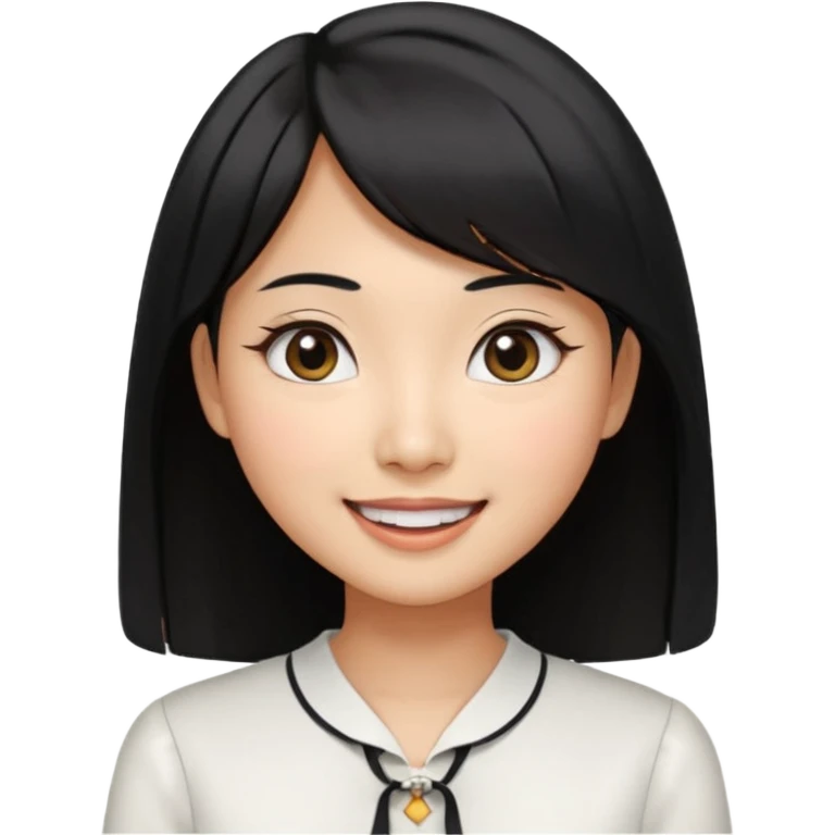 30 yr old asian woman center parted hair big eyes big smile tanned skin straight black hair hippie part hair white blouse shoulder length hair middle parted hair few short bangs at front emoji