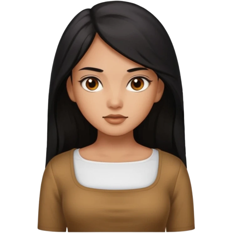 A deep skin girl (deep skin is caramel color not dark) with long black hair swept to the front and a square neckline shirt and brown eyes emoji