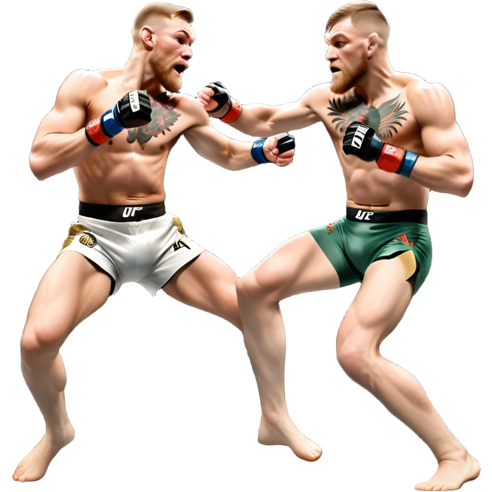 An MMA showdown between Conor McGregor and Anderson Silva in the octagon. McGregor is executing a powerful jumping strike, while Silva is expertly blocking the attack with his forearm. The background features the UFC octagon, fans in the distance, and dynamic action. Transparent background emoji