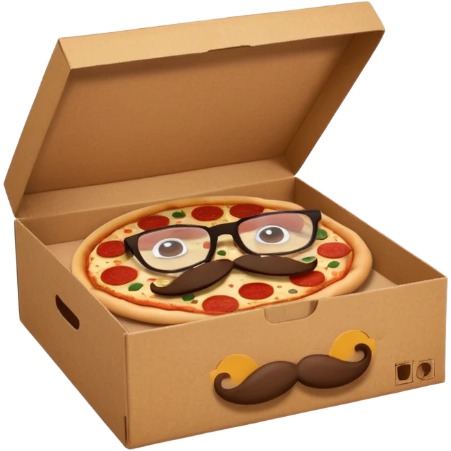 pizza take-out box with glassess and mustache emoji