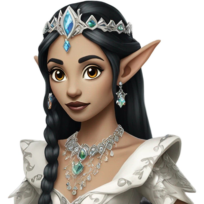 elf princess with pointy ears, white skin, black hair with jewellery emoji