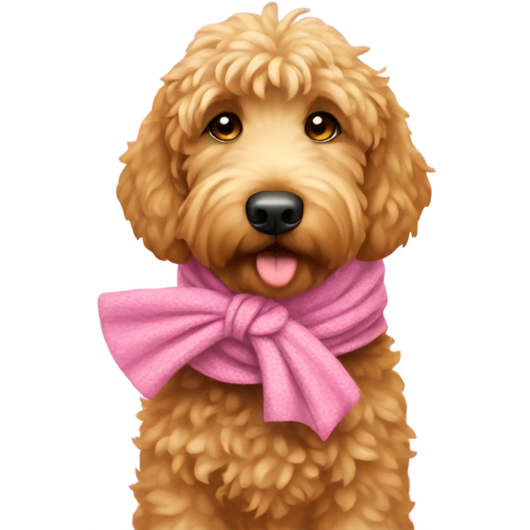 Golden doodle with a pink winter scarf and pink bows on its ears emoji
