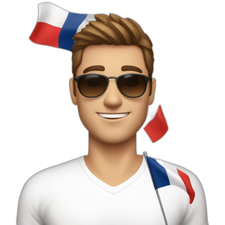 A young fit man with a white shirt and sunglasses on his hair with brown hair and a French flag in his hand emoji