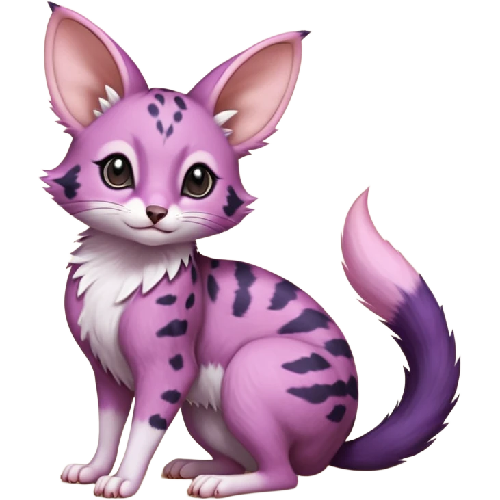 Magenta, purple-pointed, soft realistic romantic vintage antique divine beautiful elegant pretty precious cute young youthful  Fakémon-Pokémon-opossum-feline-mouse-serval-caracal-chinchilla-Minccino-Cinccino-Meowstic-rodent-hybrid-creature with a big fluffy bushy tail (full body) emoji