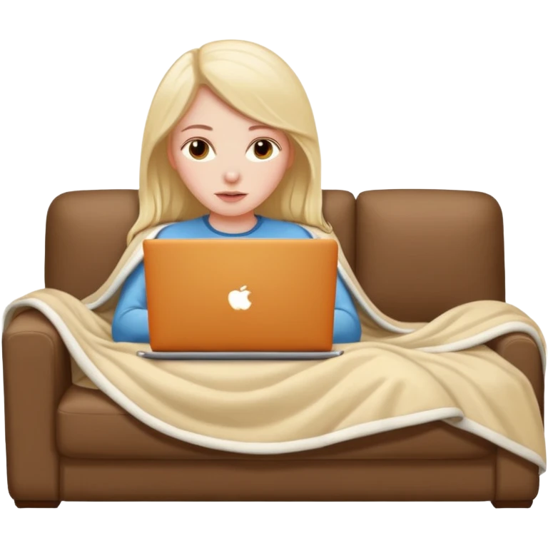A white girl lies on a sofa under a blanket with a laptop emoji