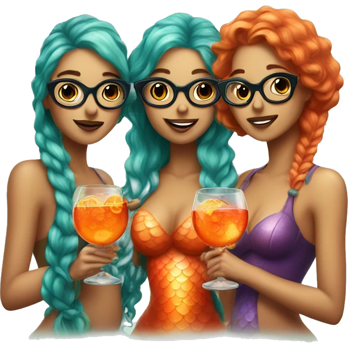 Three beautiful mermaids with glasses and drinking aperol emoji