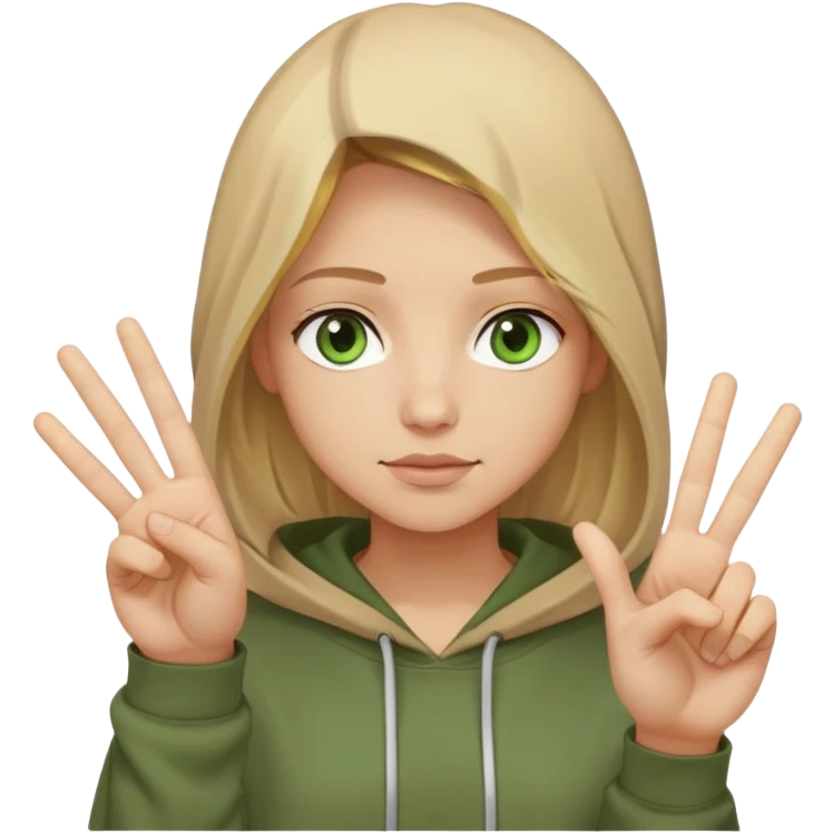 Blonde shoulder-length hair with a brown hoodie with a beautiful font, green eyes and a light skin tone, you should also see a hand that shows peace emoji