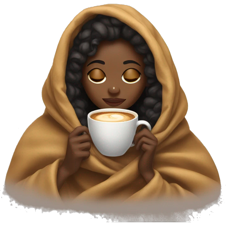 Black girl inside a blanket sipping coffee eyes closed emoji