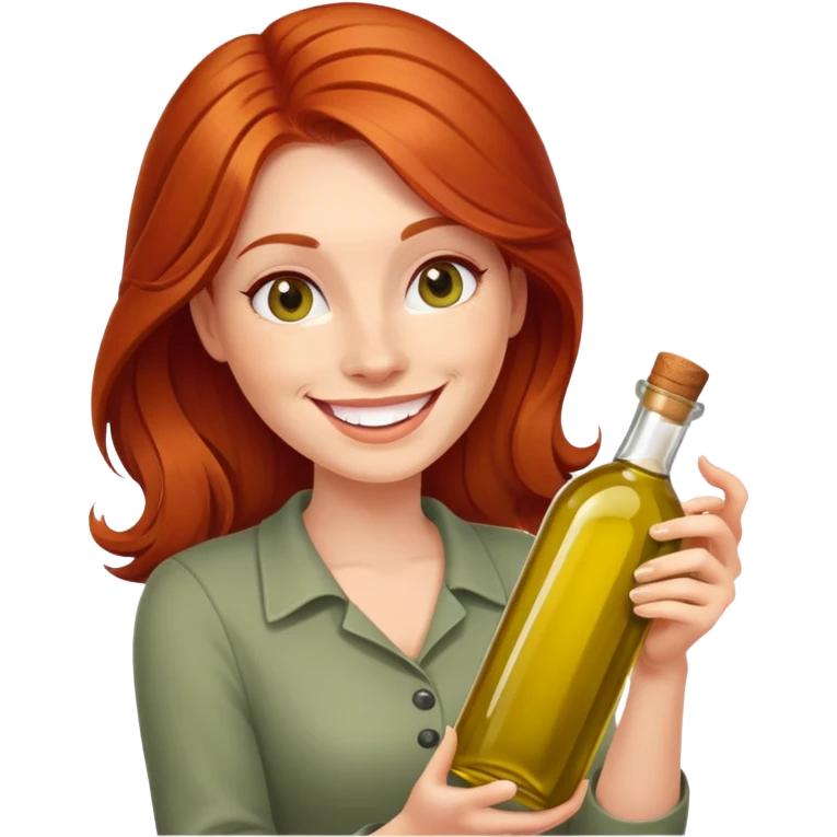 redhead woman with big smile holding olive oil bottle emoji