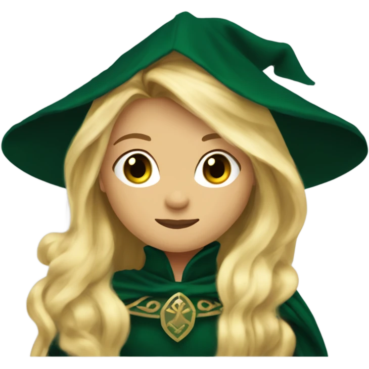 aelin galathynius with long blonde hair, and a dark green cloak and a dress, with a small crown on top of her hair emoji