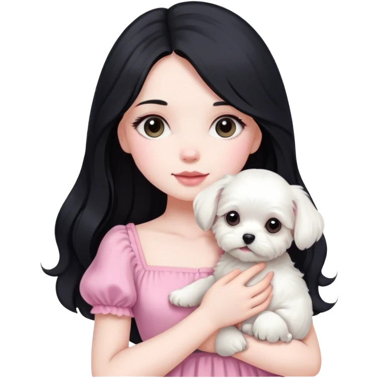 beautiful girl with long black hair wearing pink dress holding a white Maltese puppy emoji