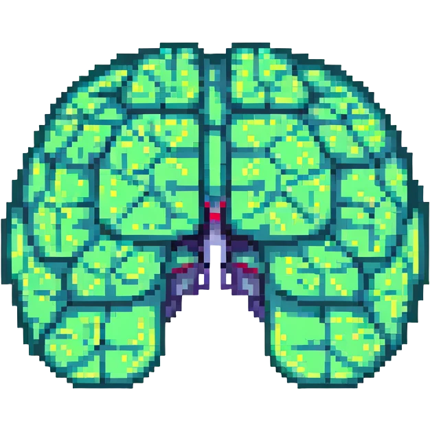 pixel art icon of a brain with digital static and a dizzy expression, representing brainrot from internet overload emoji