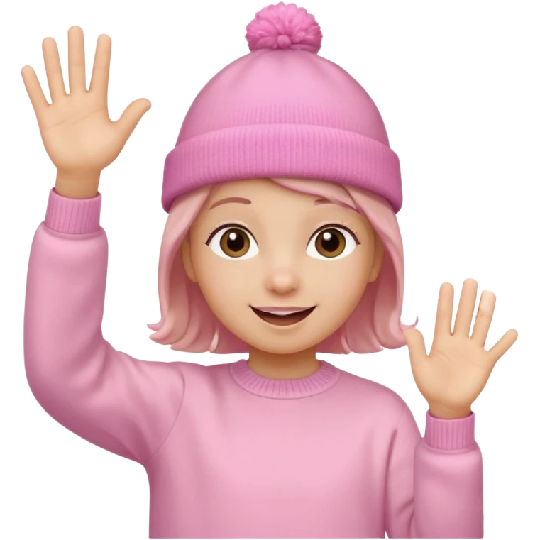 Kid in pink hat and jumper waving emoji