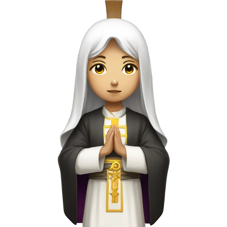 Young white ASIAN femail Priest, with Ankh on vestments, in prayer emoji