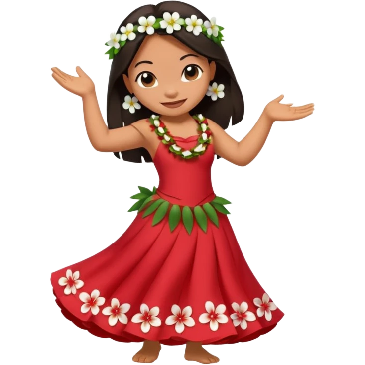 Lilo from Lilo & Stitch dancing hula, wearing a red dress with white flowers, apple style emoji emoji