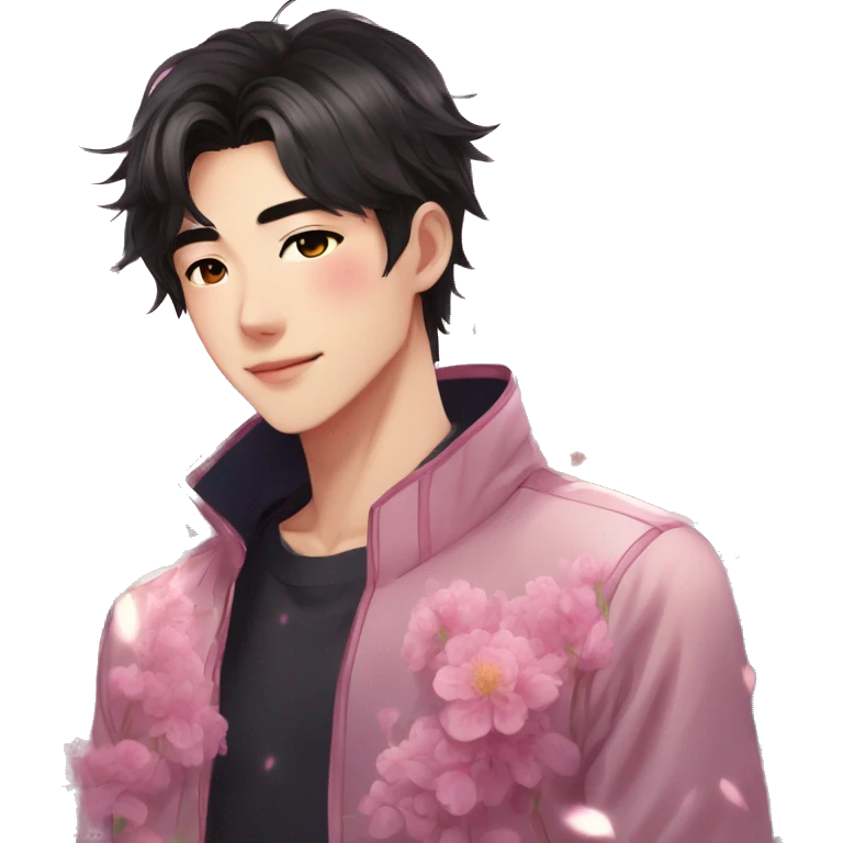 Gorgeous bright sparkly romantic Asian anime style guy with blushing face and flowers aesthetic trending style outside emoji