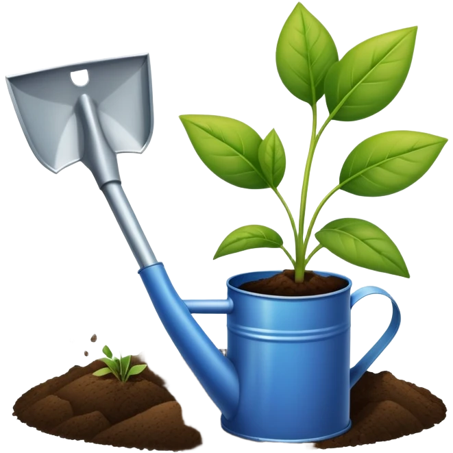 An icon featuring a shovel, a plant symbolizing agronomy. The design includes crops, a field, and a watering can, representing the science of soil management, crop production, and sustainable farming. Transparent background highlights agricultural research and growth. emoji