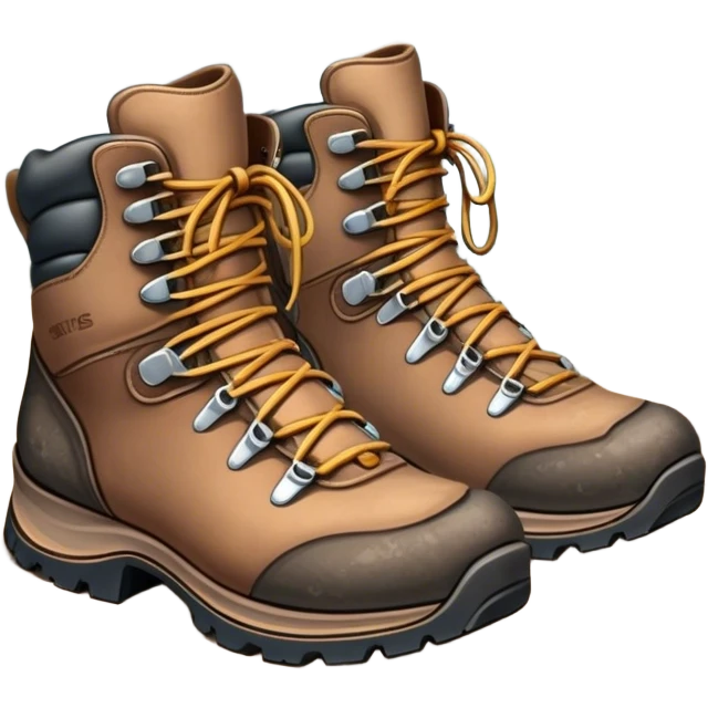 Cinematic Realistic Hiking Boots, well-worn leather boots resting on a rocky trail, scuffed edges and dirt-speckled laces adding character, glowing softly under the dappled sunlight filtering through the trees. emoji