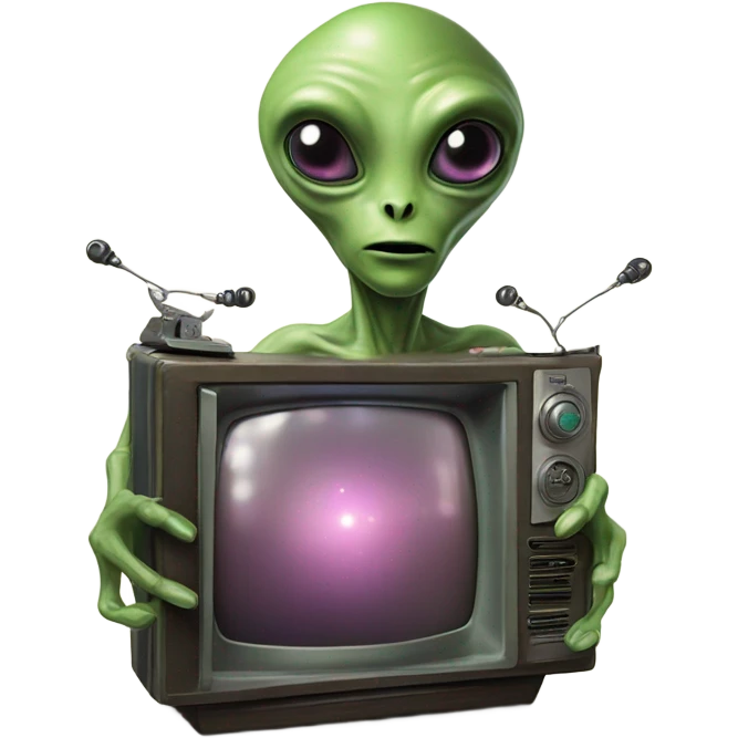 realistic space alien holding a vintage TV set in his hands emoji