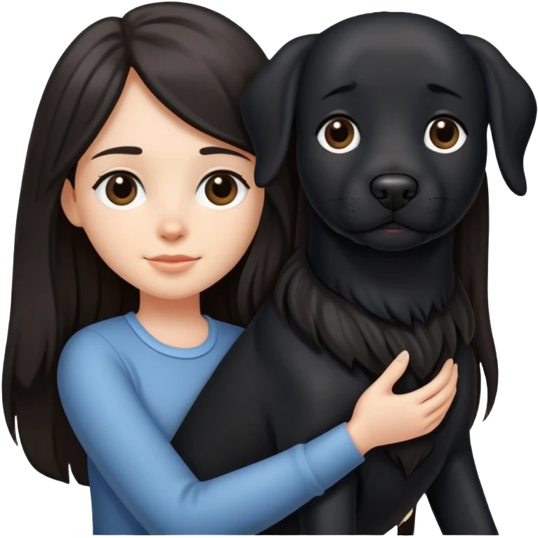 A long-haired girl holding a big black dog emoji