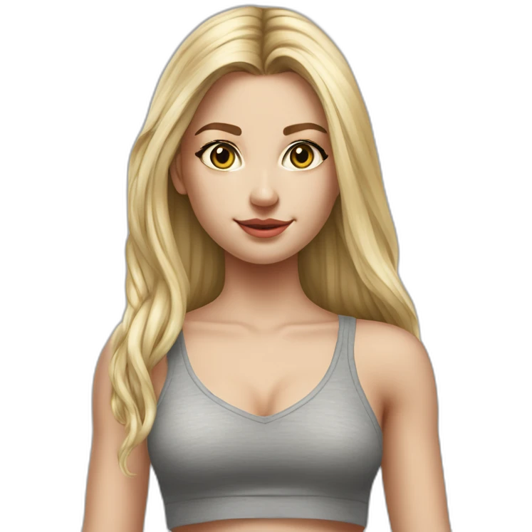 hyperrealist caucasian girl, long straight blonde hair, v-neck laced crop tanktop, grey tight mini skirt emoji
