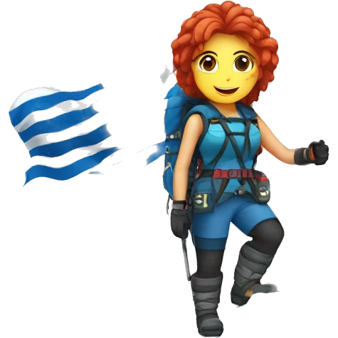 a red hair female mountaineer summitting ice peak with greek flag emoji