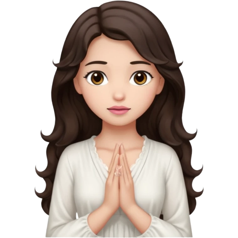 girl with wavy long glamorous dark brown hair, brown eyes, light to medium complexion, long lashes, light pink lipstick, praying emoji