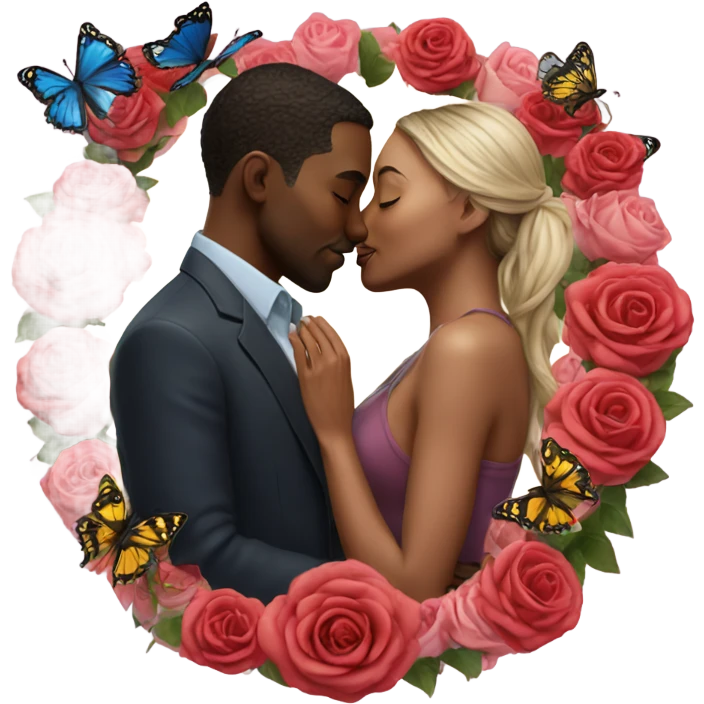 Hyper Realistic Couple kissing surrounded by roses and butterflies  emoji