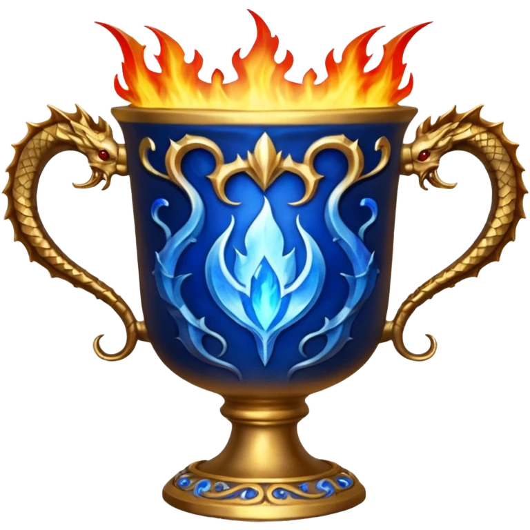 The Goblet of Fire is a large, ornate cup made of burnished gold with intricate carvings and handles shaped like fiery dragons. It's enchanted to select the champions for the Triwizard Tournament by emitting blue flames and magically presenting their name emoji