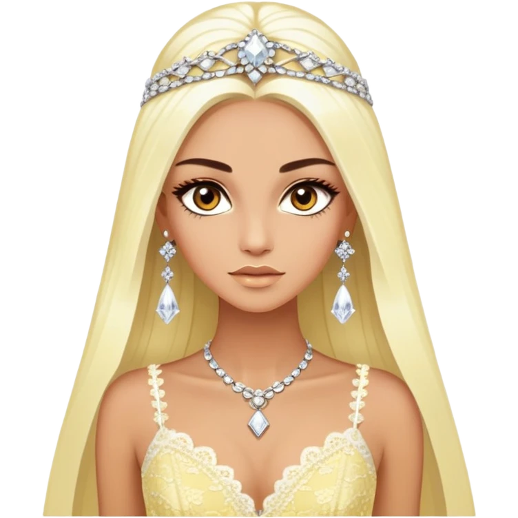 enchantress goddess with brown eyes and tanned skin and super long straight platinum blonde hair wearing a embellished light yellow and white lace gown and diamond chanel earrings emoji