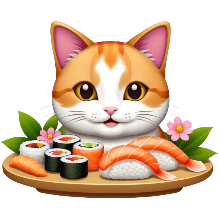 happy cat with flowers and sushi emoji