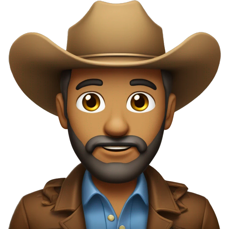 Homem gordinho careca com barba preta grande de chapeu de cowboy. de olhos castanho claro  emoji