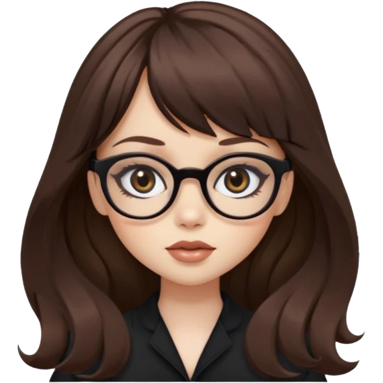 wavy brown long bangs hair, pale skin, dark black iris, pretty bratz baddie, strong black eyeliner, glasses emoji