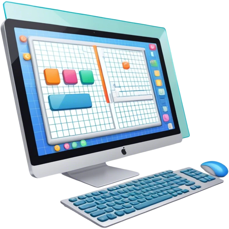 Create an emoji for UX/UI design. Show a computer screen displaying a user interface with buttons, sliders, and a design grid. Include elements like a cursor or design tool to symbolize the design process. Use modern, professional colors. Make the background transparent. emoji