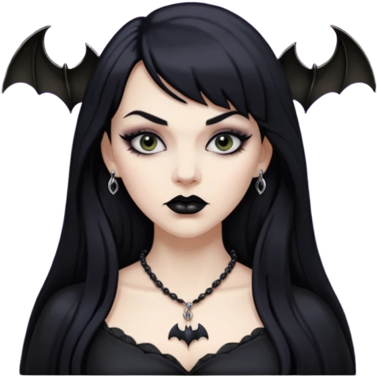 vampira mulher branca com cabelo preto longo com franja na testa, sobrancelha grossa e lábios com batom preto com colar preto e pingente de morcego preto emoji