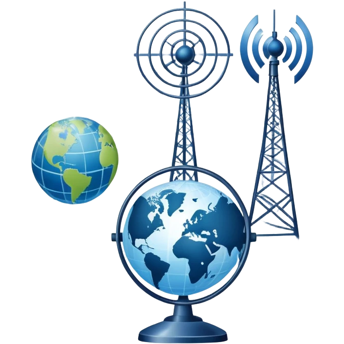 An icon featuring a satellite dish, cell tower with signal waves, and a globe connected by lines, symbolizing telecommunications. The design includes data signals, network nodes, and a mobile device, representing global digital communication. Transparent background emoji