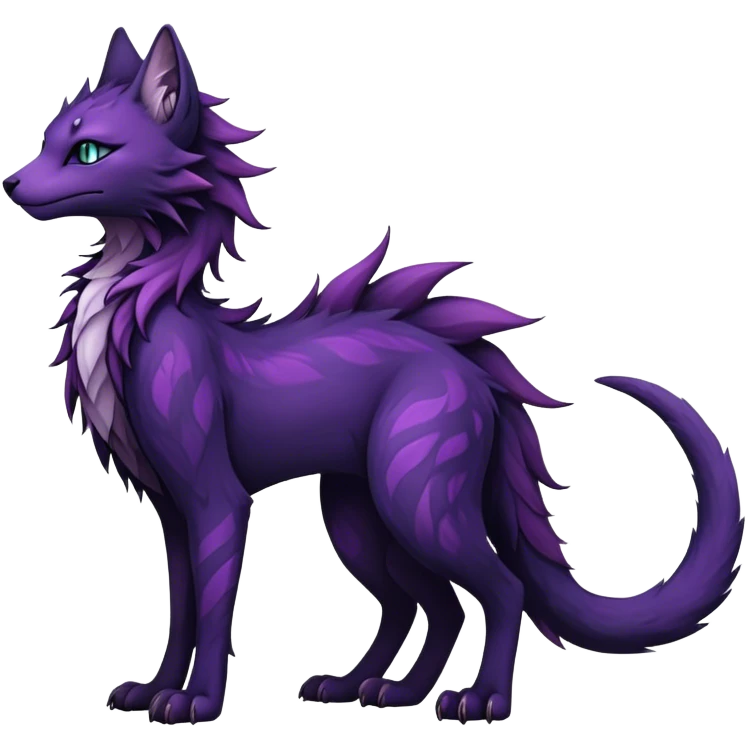 Kawaii dark purplish blackish edgy fantasy ethereal feline-vernid-sergal-fursona animal creature with a tufted tail full body with intricate markings  emoji