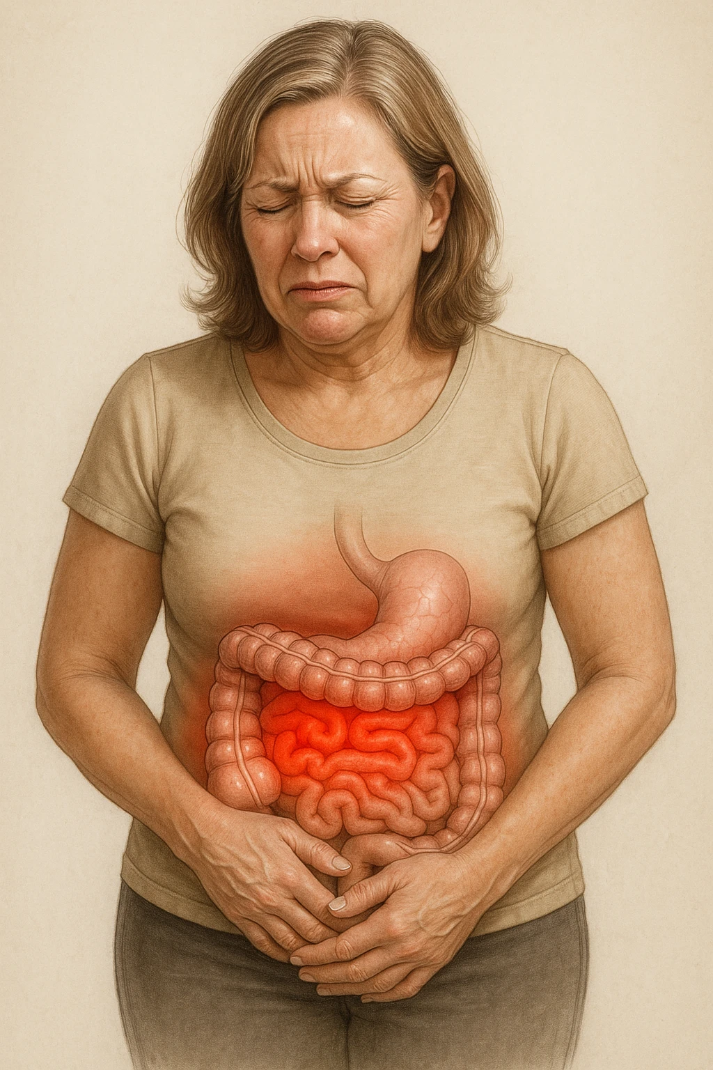 Donna in menopausa con intestino infiammato evidente immagine realistica emoji