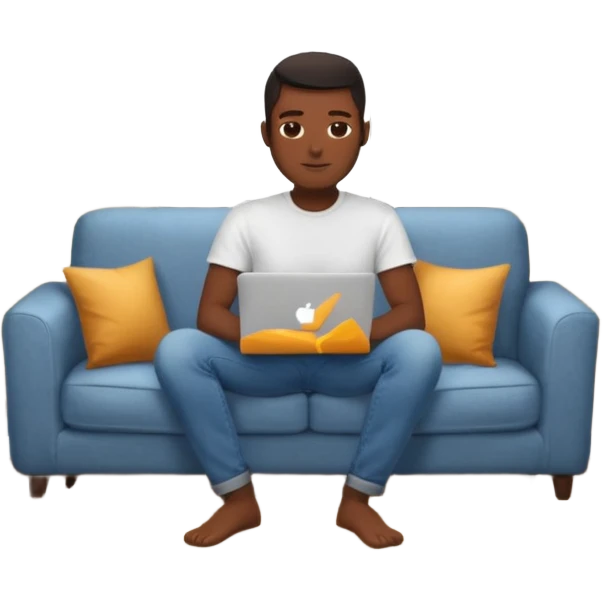 Homme développeur de teint noir, assis dans un coin cosy de son salon un week-end, ordinateur portable ouvert affichant du code. Lumière naturelle douce, ambiance calme. Habillé simplement (t-shirt clair, jean ou short), tasse de café/thé à côté. emoji