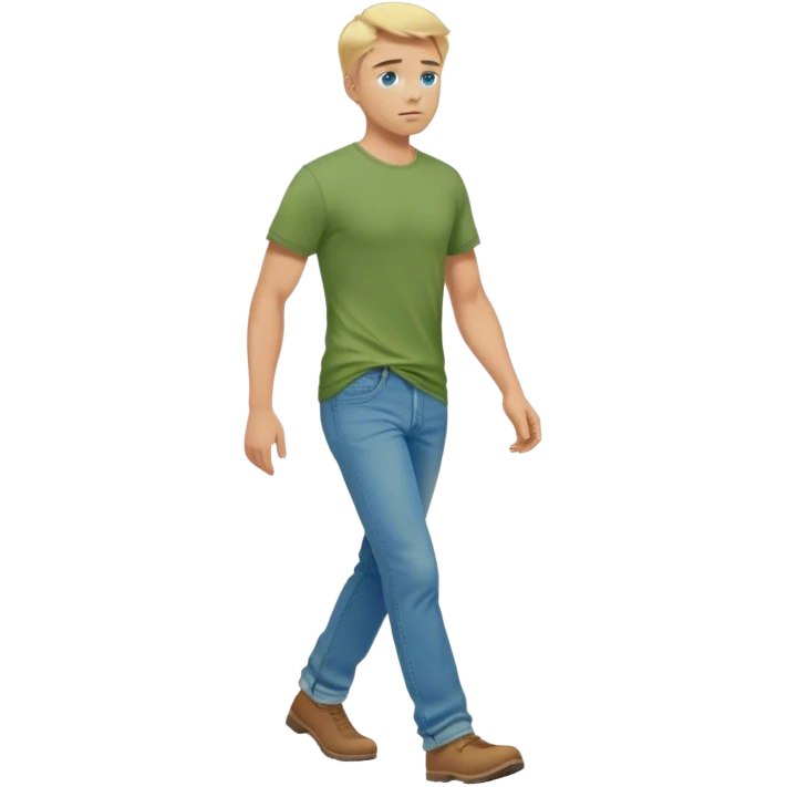 A cinematic realistic blond man with blue eyes, dressed in wide jeans and a green T-shirt, is walking emoji