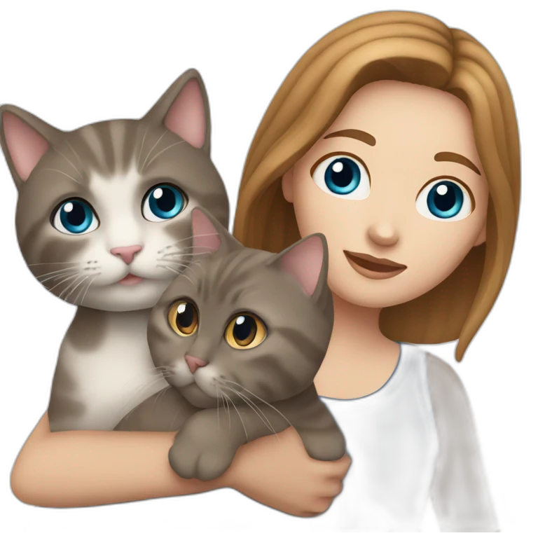 white girl with brown hair blue eyes holding 2 cats emoji