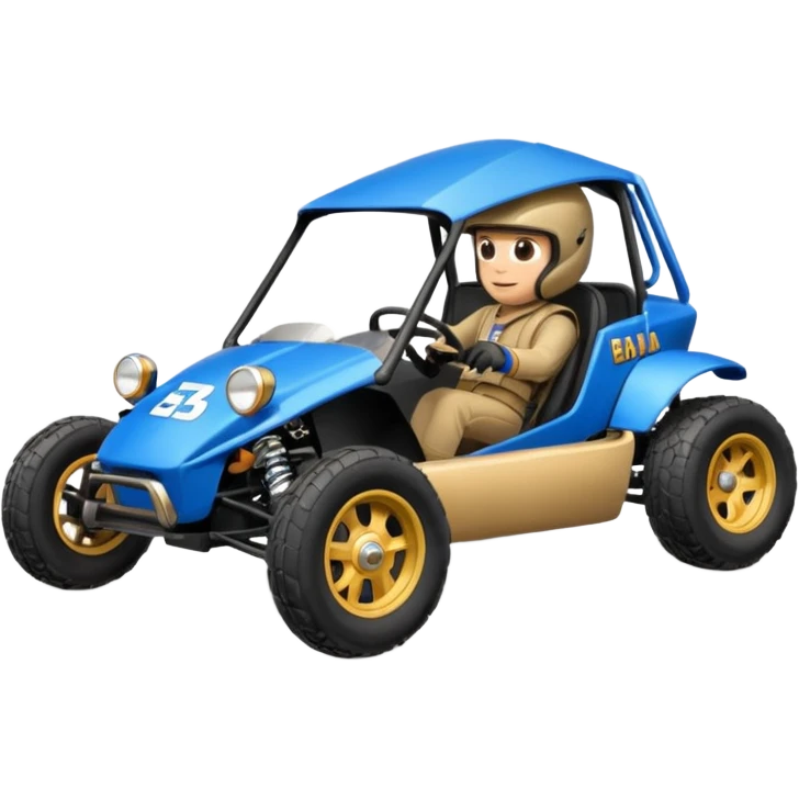 A small blue and gold dune buggy featuring a driver in a motorcycle helmet, with the word "BAJA" displayed on the side panel. emoji